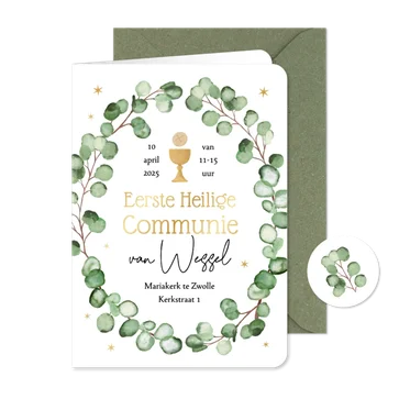 Communiekaart uitnodiging stijlvol waterverf eucalyptus goud